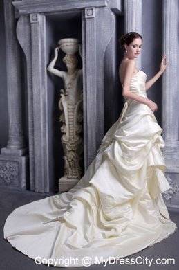 Special Champagne Strapless Court Train A-line Wedding Dress with Appliques