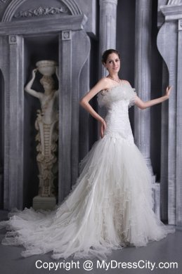 2013 Exquisite White Strapless Mermaid Appliques Organza Wedding Dress