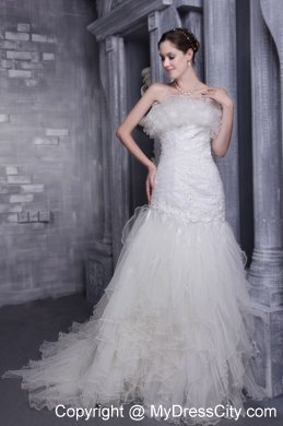 2013 Exquisite White Strapless Mermaid Appliques Organza Wedding Dress