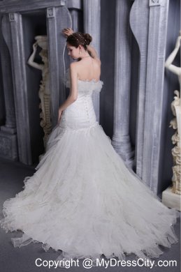 2013 Exquisite White Strapless Mermaid Appliques Organza Wedding Dress