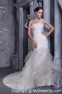 White Mermaid Single Shoulder Ruched Organza Bridal Gowns with Train