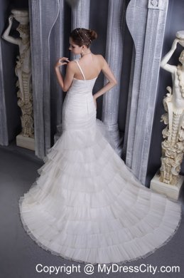 White Mermaid Single Shoulder Ruched Organza Bridal Gowns with Train