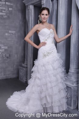 Long Sweetheart A-line Court Train Organza Appliques Wedding Dresses