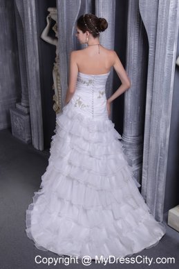 Long Sweetheart A-line Court Train Organza Appliques Wedding Dresses