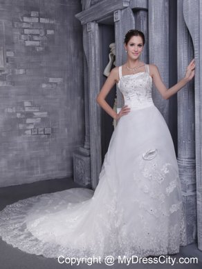 White Princess Straps Beaded Appliques Wedding Dress with Criss-cross
