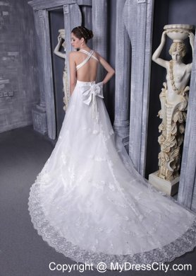 White Princess Straps Beaded Appliques Wedding Dress with Criss-cross