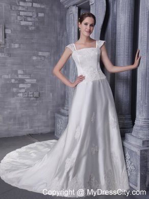 White A-Line Square Beading and Appliques Chapel Train Wedding Dress
