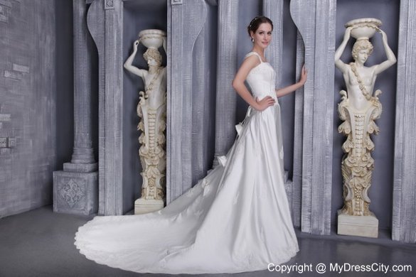 White A-Line Square Beading and Appliques Chapel Train Wedding Dress