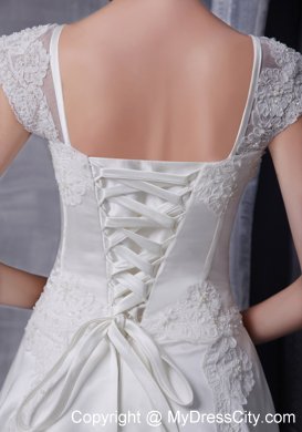 White A-Line Square Beading and Appliques Chapel Train Wedding Dress