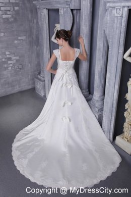 White A-Line Square Beading and Appliques Chapel Train Wedding Dress