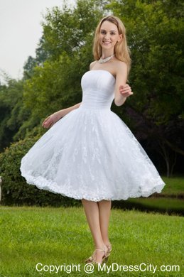 White Short Strapless Princess Chiffon and Lace Ruching Bridal Dress
