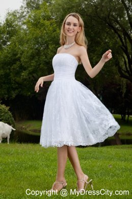 White Short Strapless Princess Chiffon and Lace Ruching Bridal Dress