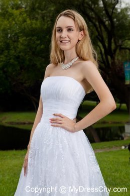 White Short Strapless Princess Chiffon and Lace Ruching Bridal Dress