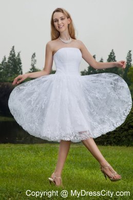 White Short Strapless Princess Chiffon and Lace Ruching Bridal Dress