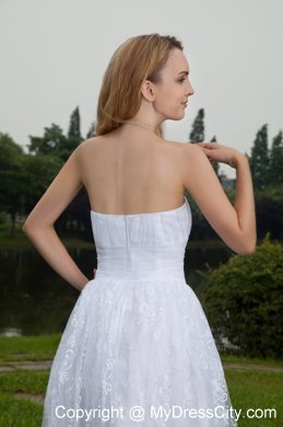 White Short Strapless Princess Chiffon and Lace Ruching Bridal Dress