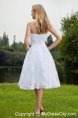 White Short Strapless Princess Chiffon and Lace Ruching Bridal Dress
