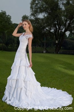 White Lace Off The Shoulder Ruched A-line Wedding Dress with Train