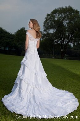 White Lace Off The Shoulder Ruched A-line Wedding Dress with Train