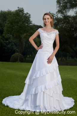 White Lace Off The Shoulder Ruched A-line Wedding Dress with Train