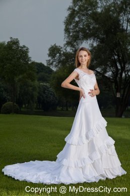 White Lace Off The Shoulder Ruched A-line Wedding Dress with Train