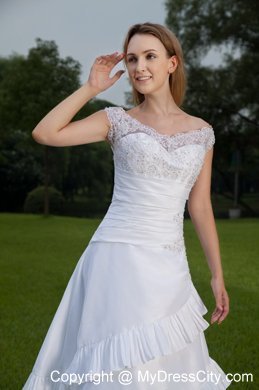 White Lace Off The Shoulder Ruched A-line Wedding Dress with Train