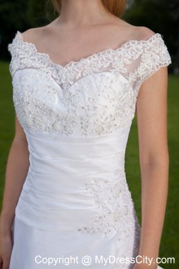 White Lace Off The Shoulder Ruched A-line Wedding Dress with Train