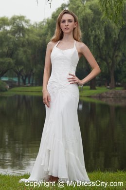 2013 Lovely Empire Halter Sweep Train Chiffon Embroidery Wedding Dress