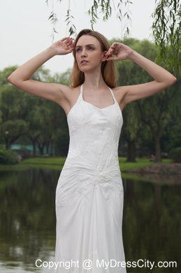 2013 Lovely Empire Halter Sweep Train Chiffon Embroidery Wedding Dress