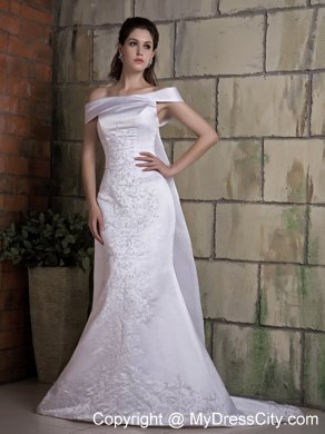 New Mermaid Off The Shoulder Appliques Wedding Dress with Watteau Train