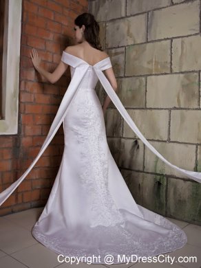 New Mermaid Off The Shoulder Appliques Wedding Dress with Watteau Train
