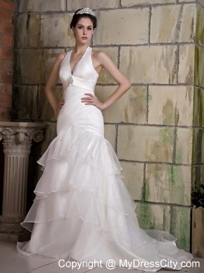 2013 Simple Mermaid Halter Top Beaded Organza Wedding Gown for You