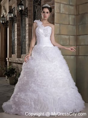 Modest A-line One Flowery Shoulder Wedding Dress with Brush Organza Train