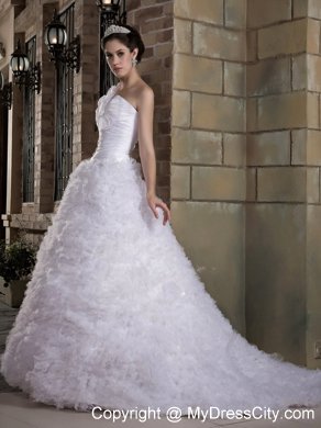 Modest A-line One Flowery Shoulder Wedding Dress with Brush Organza Train