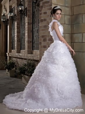 Modest A-line One Flowery Shoulder Wedding Dress with Brush Organza Train