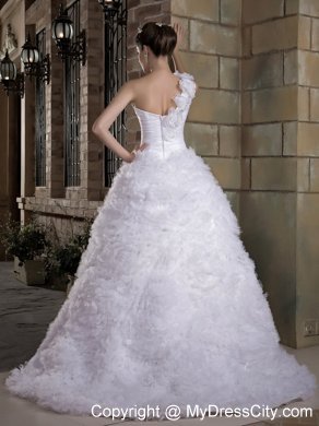 Modest A-line One Flowery Shoulder Wedding Dress with Brush Organza Train