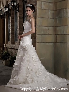 A-line Sweetheart Ruching and Beading Wedding Dress with Flowery Train