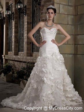 A-line Sweetheart Ruching and Beading Wedding Dress with Flowery Train