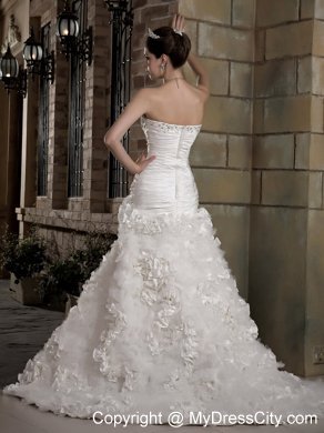 A-line Sweetheart Ruching and Beading Wedding Dress with Flowery Train
