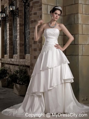 Fashionable A-line Strapless Court Train Appliques Wedding Dress Ruffled