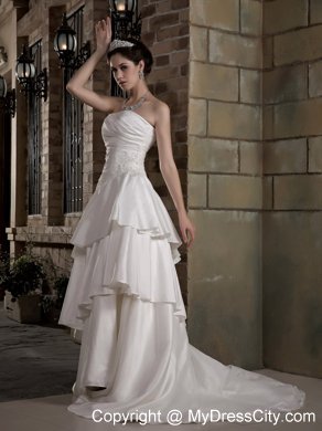 Fashionable A-line Strapless Court Train Appliques Wedding Dress Ruffled