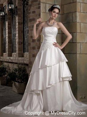 Fashionable A-line Strapless Court Train Appliques Wedding Dress Ruffled