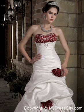 White and Red Sweetheart Embroidery and Flowers Bridal Gowns Beaded