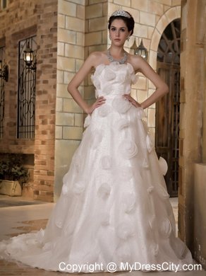 Discounted Long Strapless Taffeta and Organza Flowery A-line Bridal Dress