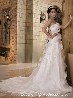 Discounted Long Strapless Taffeta and Organza Flowery A-line Bridal Dress