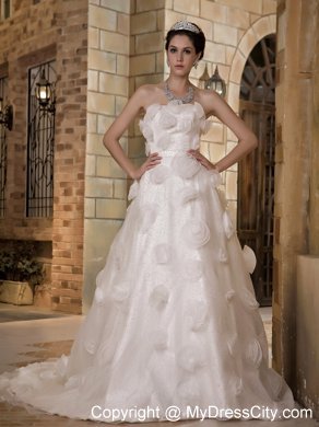 Discounted Long Strapless Taffeta and Organza Flowery A-line Bridal Dress