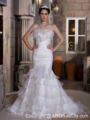 Mermaid Strapless Court Train Ruched and Ruffled Organza Wedding Gown