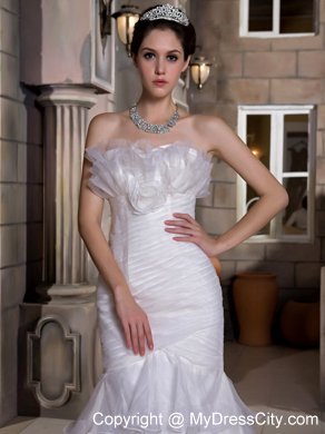 Mermaid Strapless Court Train Ruched and Ruffled Organza Wedding Gown