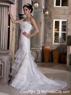 Mermaid Strapless Court Train Ruched and Ruffled Organza Wedding Gown