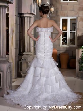 Mermaid Strapless Court Train Ruched and Ruffled Organza Wedding Gown