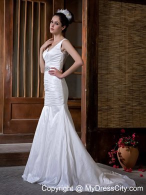 Cheap Mermaid V-neck Taffeta Ruche and Beading Court Train Bridal Gown